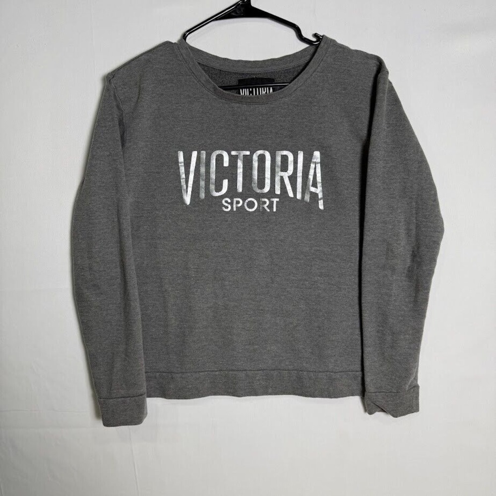 Victoria Sport‎ Womens Gray Metallic Logo Crewneck Sweatshirt Size S Athleisure